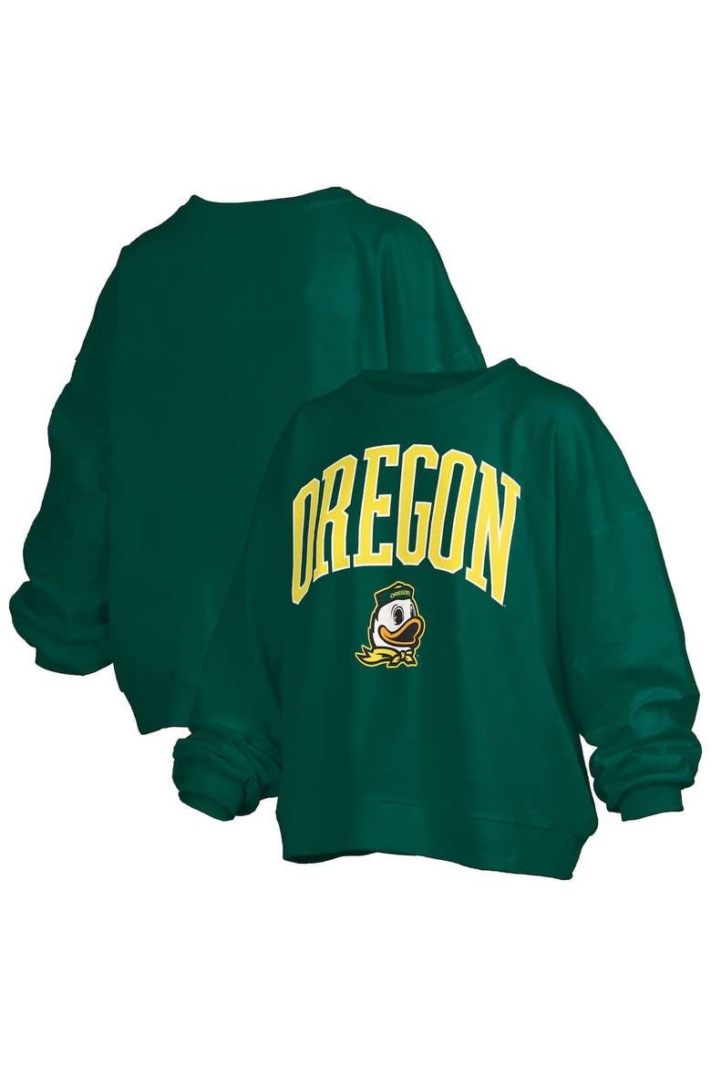 Women's Pressbox Green Oregon Ducks Janise Arch Over Logo Waist Length Oversized Pullover Sweatshirt, Alternate, color, Green