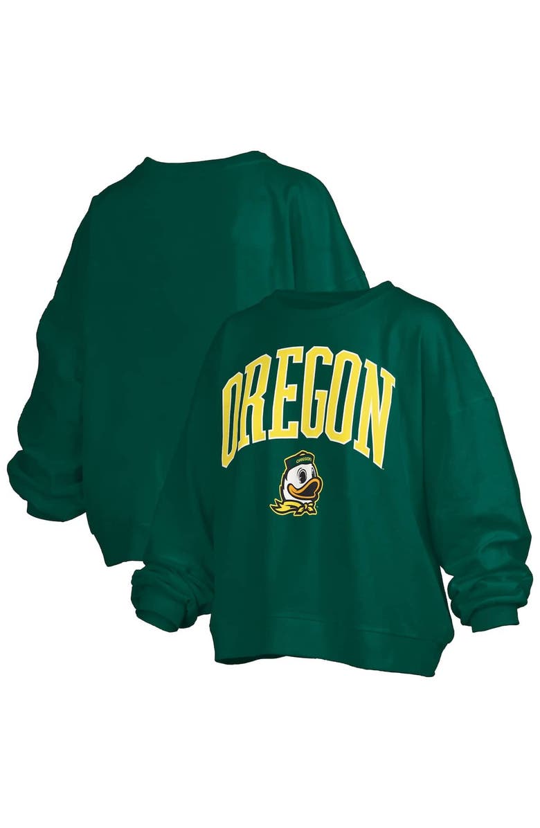 PRESSBOX Women's Pressbox Green Oregon Ducks Janise Arch Over Logo Waist Length Oversized Pullover Sweatshirt, Alternate, color, Green
