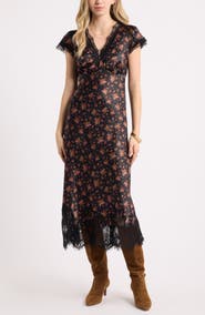 Treasure & Bond Lace Trim Satin Midi Dress