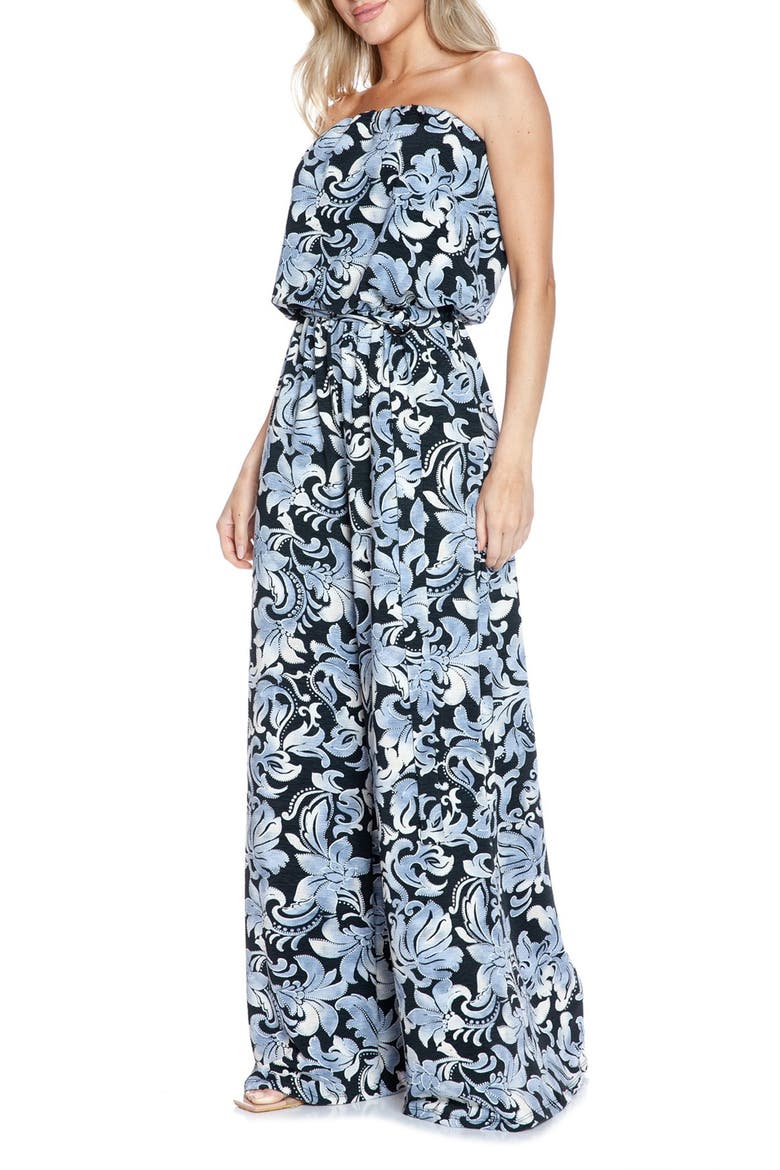 Filigree Strapless Print Wide Leg Jumpsuit, Alternate, color, BLUE MULTI