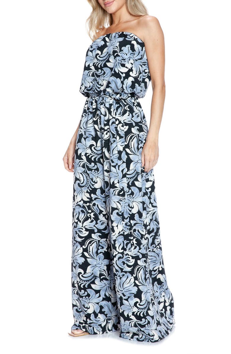 O.L. Filigree Strapless Print Wide Leg Jumpsuit, Alternate, color, 