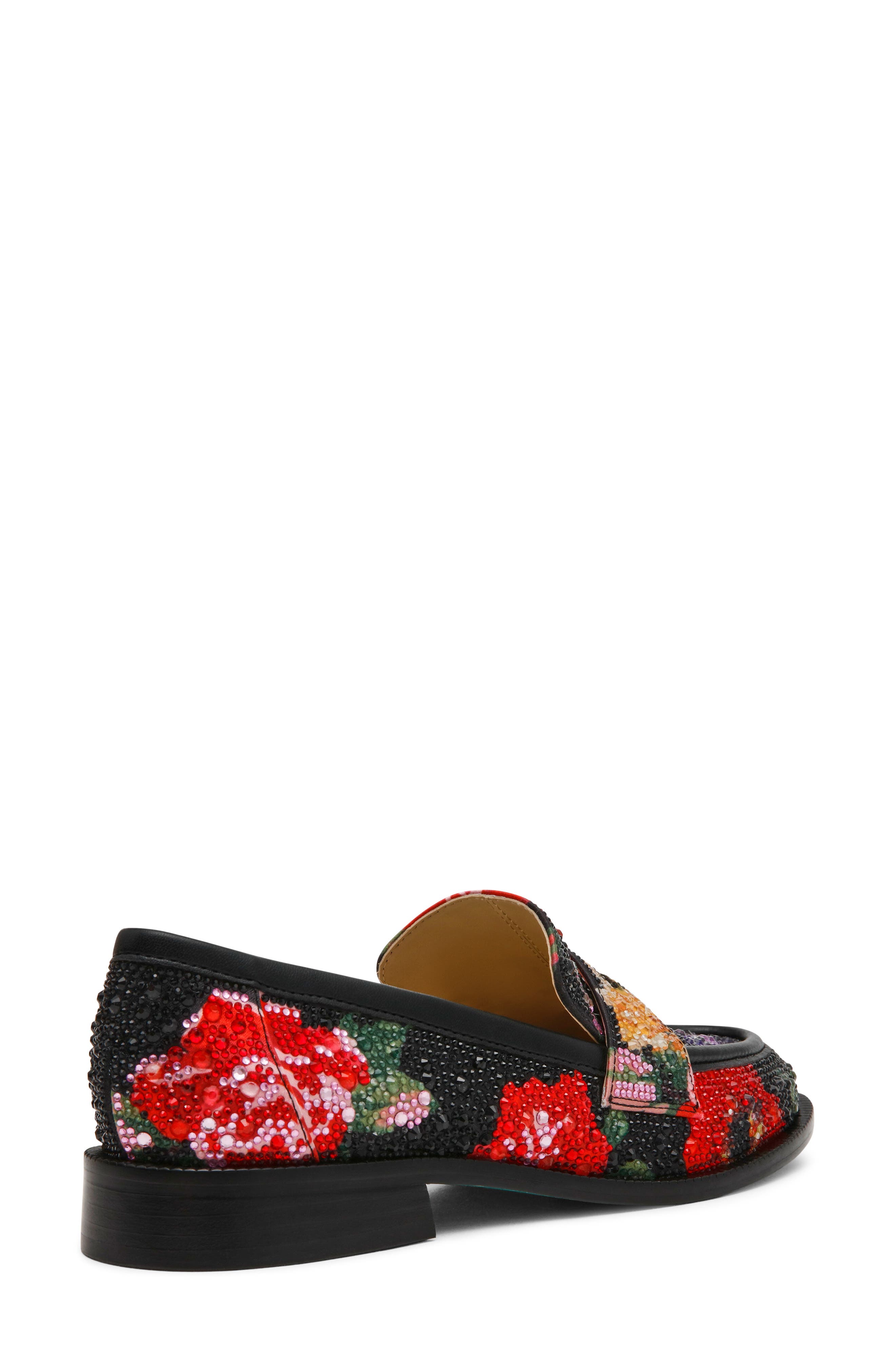 Betsey Johnson Canne Rhinestone Floral Penny Loafer, Alternate, color, Black Flower Multi