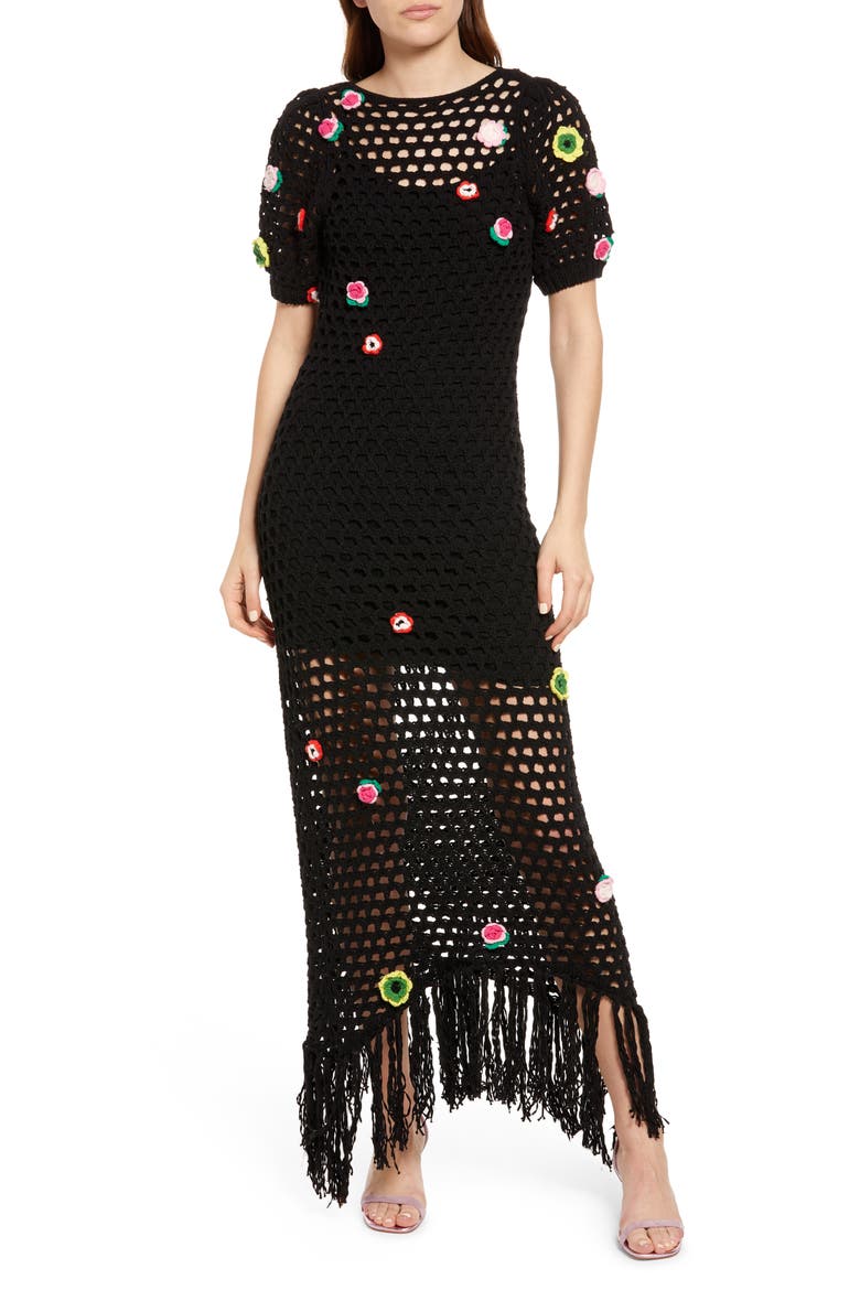 Floral Crochet Midi Dress, Main, color, BLACK COMBO