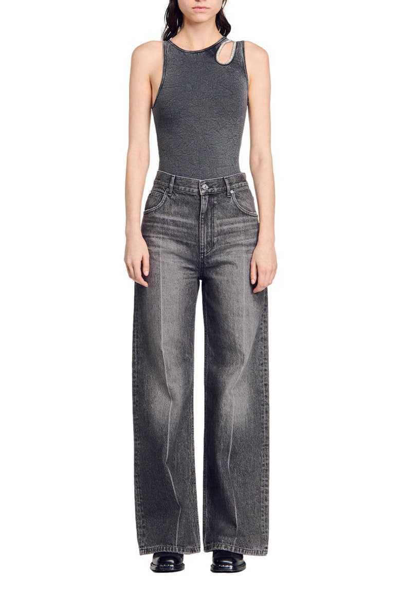 SANDRO Rhinestone one-shoulder bodysuit, Alternate, color,