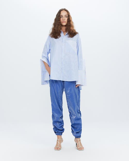 Theo The Label Echo Side Button Boyfriend Stripe Shirt In Sky Blue