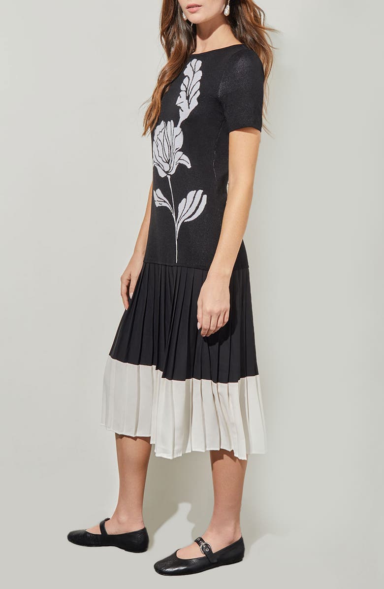 Ming Wang Modern Fit Mixed Media Pleated Midi Dress, Alternate, color, Black/ White