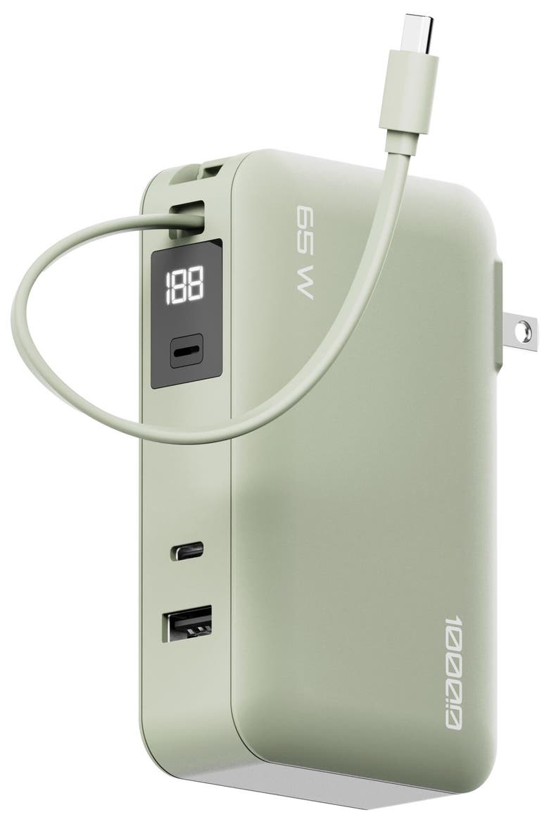 10,000 mAh Power Bank Flex with Integrated USB-C Cable 65W, Main, color, Green