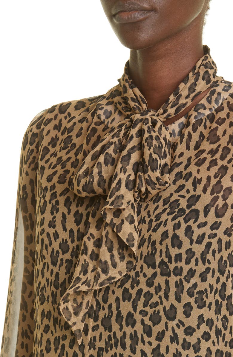 Adam Lippes Animal Print Tie Neck Silk Chiffon Blouse, Alternate, color, Natural