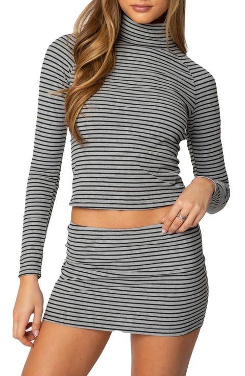 Leana Stripe Open Back Crop Turtleneck Top