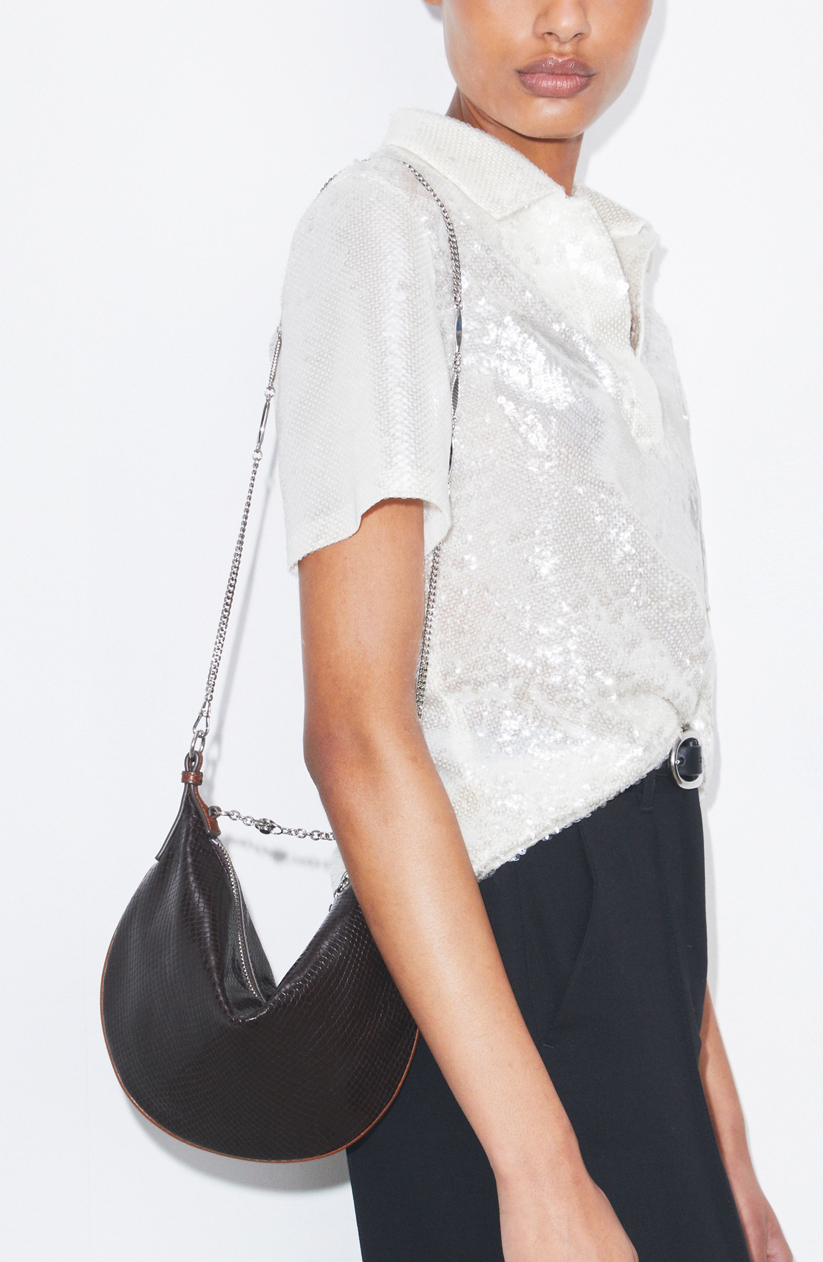 Tory Burch Mini Chain Strap Croc Embossed Leather Balloon Bag, Alternate, color, Dark Brown