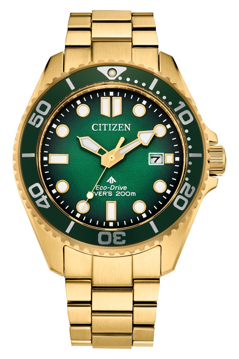 Promaster Sea Eco-Drive Diving Bracelet Watch, 41mm, Main, color, GREEN/ GOLD-TONE