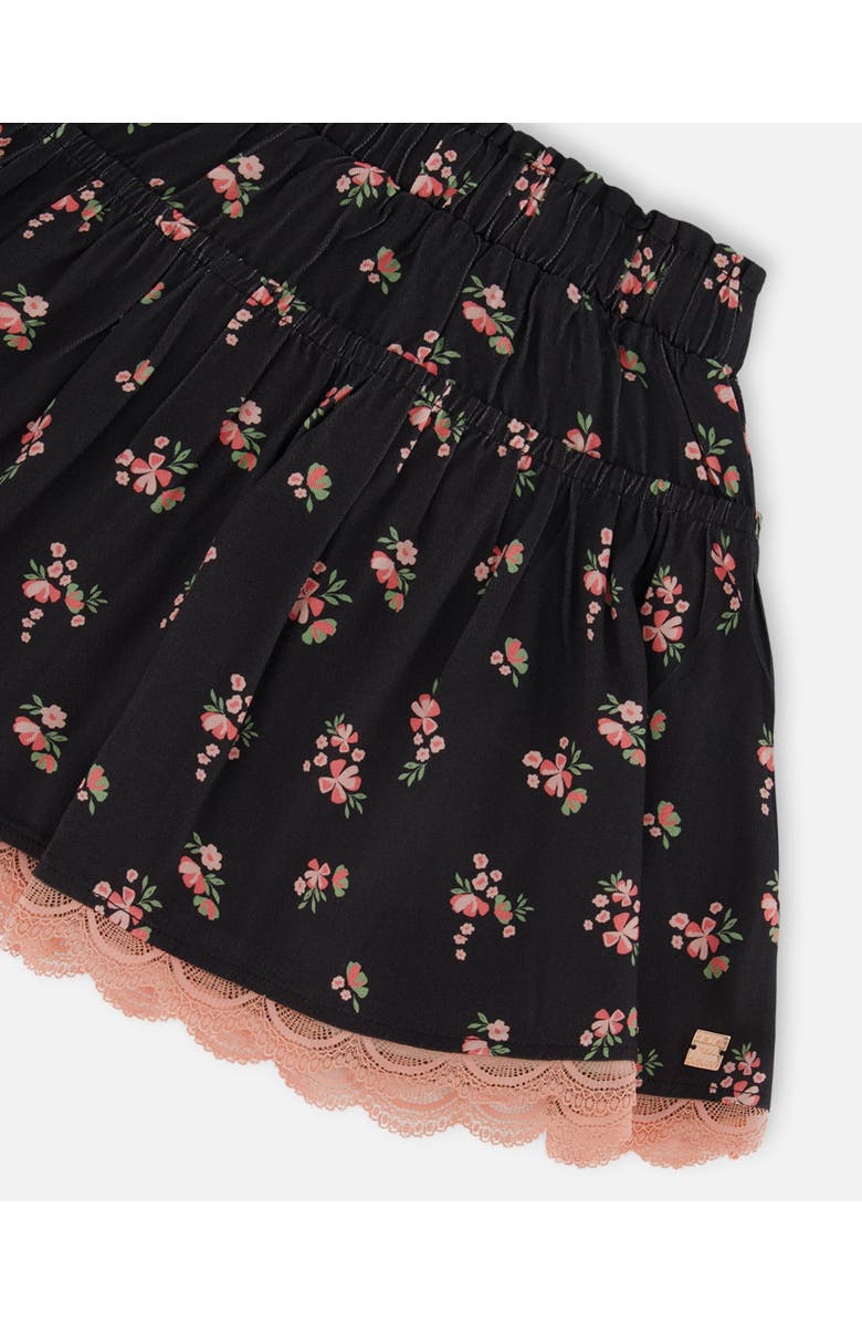 Deux par Deux Little Girl's Printed Flowers Flare Viscose Skirt Black, Alternate, color, 