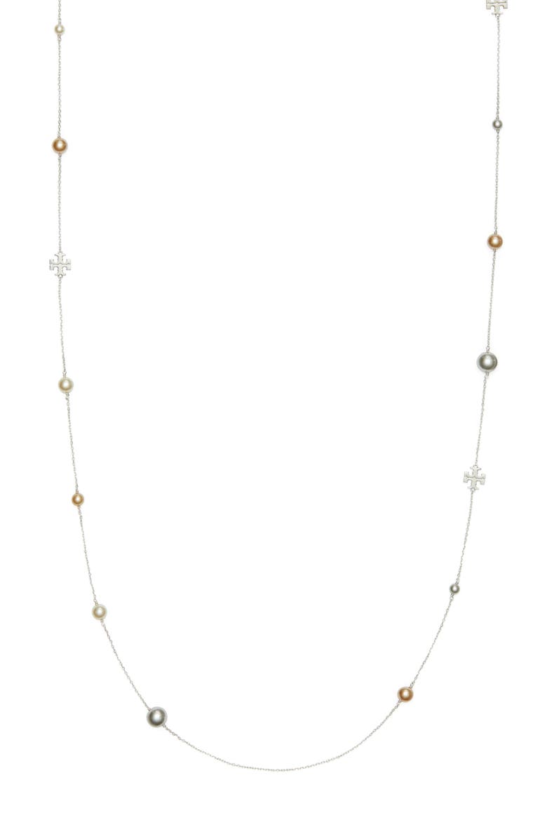 Tory Burch Kira Faux Pearl & Logo Station Necklace, Main, color,