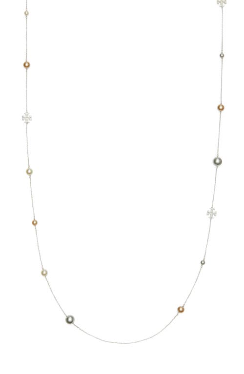 Tory Burch Kira Faux Pearl & Logo Station Necklace In Silver