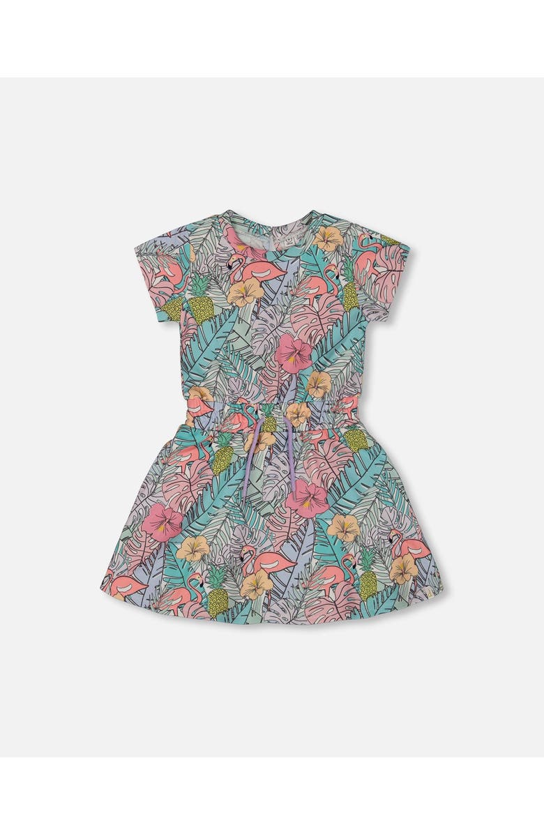 Deux par Deux Little Girl's Printed French Terry Dress Lilac Tropical And Pink Flamingos, Main, color, Lilac And Pink Flamingos