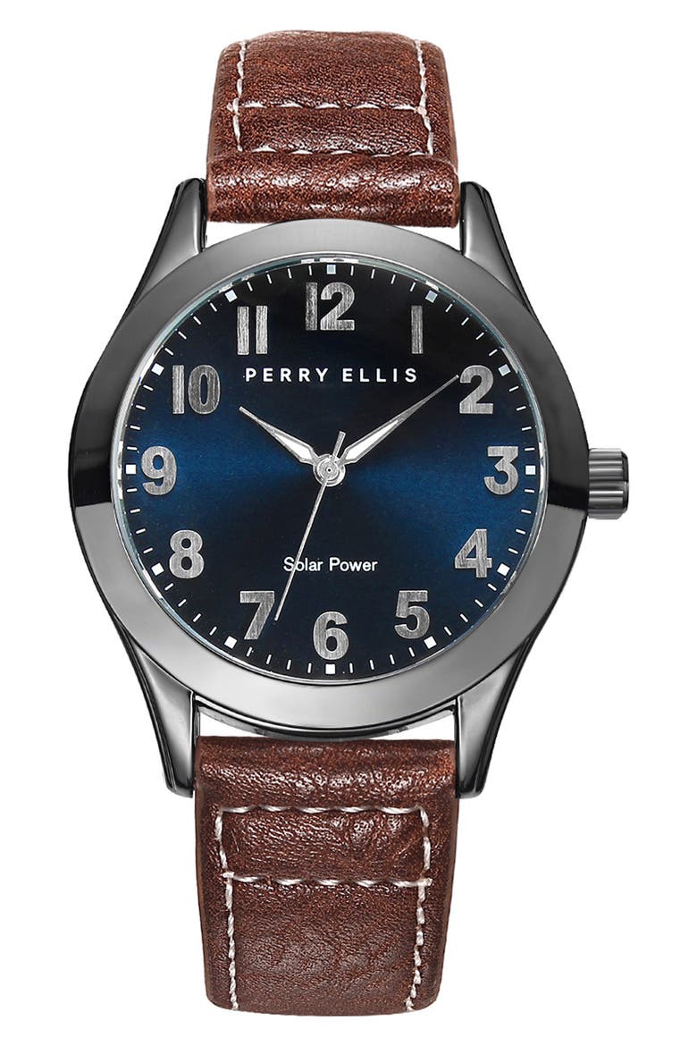 Easy Read Leather Strap Solar Watch, 41mm, Main, color, BLUE/ GUNMETAL