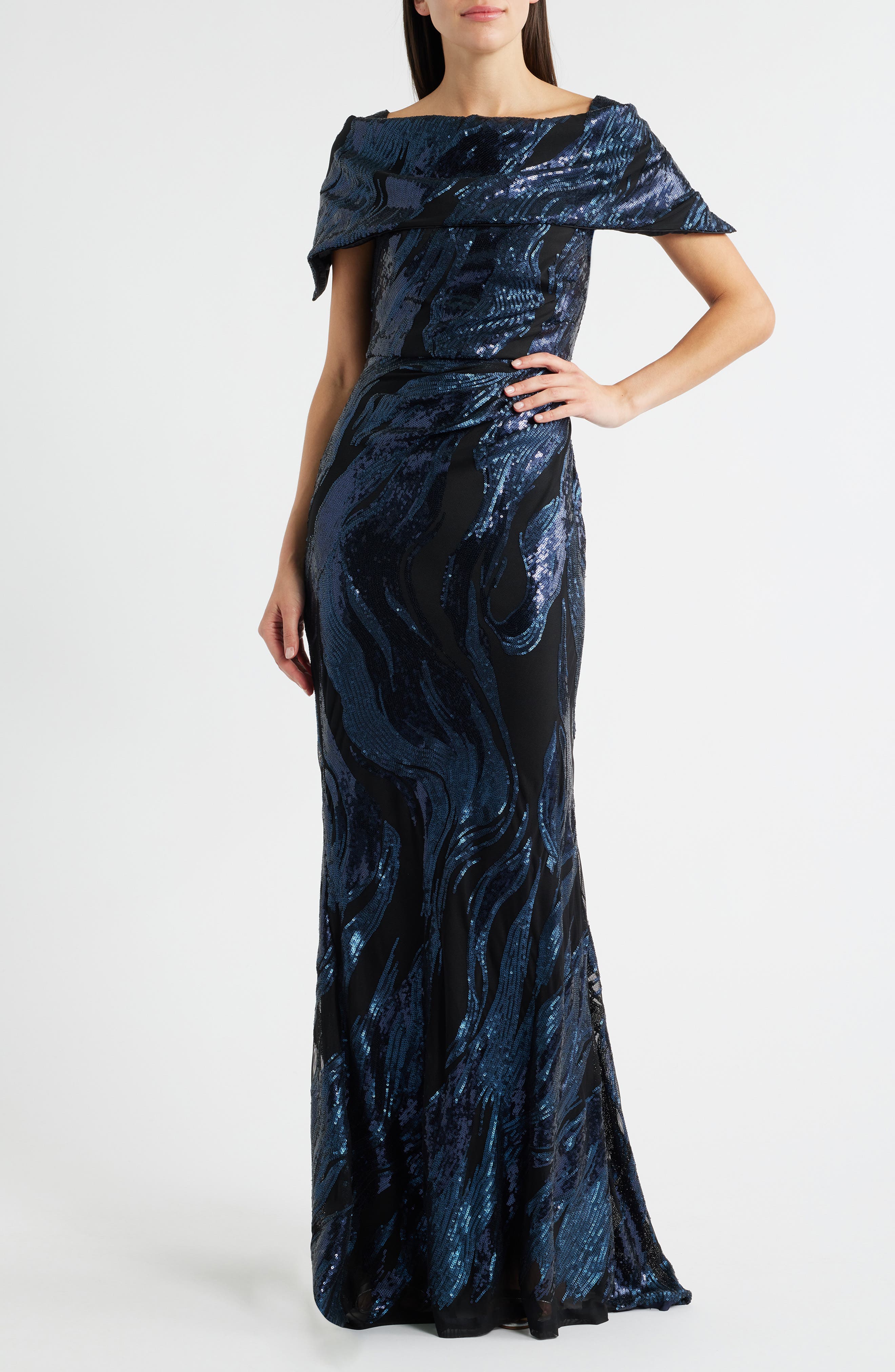 Vince Camuto Sequin Wave Off the Shoulder Gown