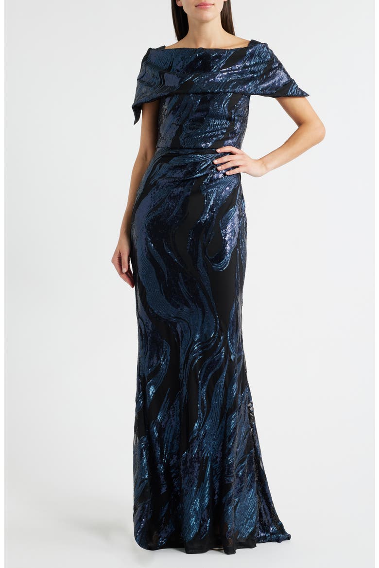 Sequin Wave Off the Shoulder Gown, Main, color, NAVY