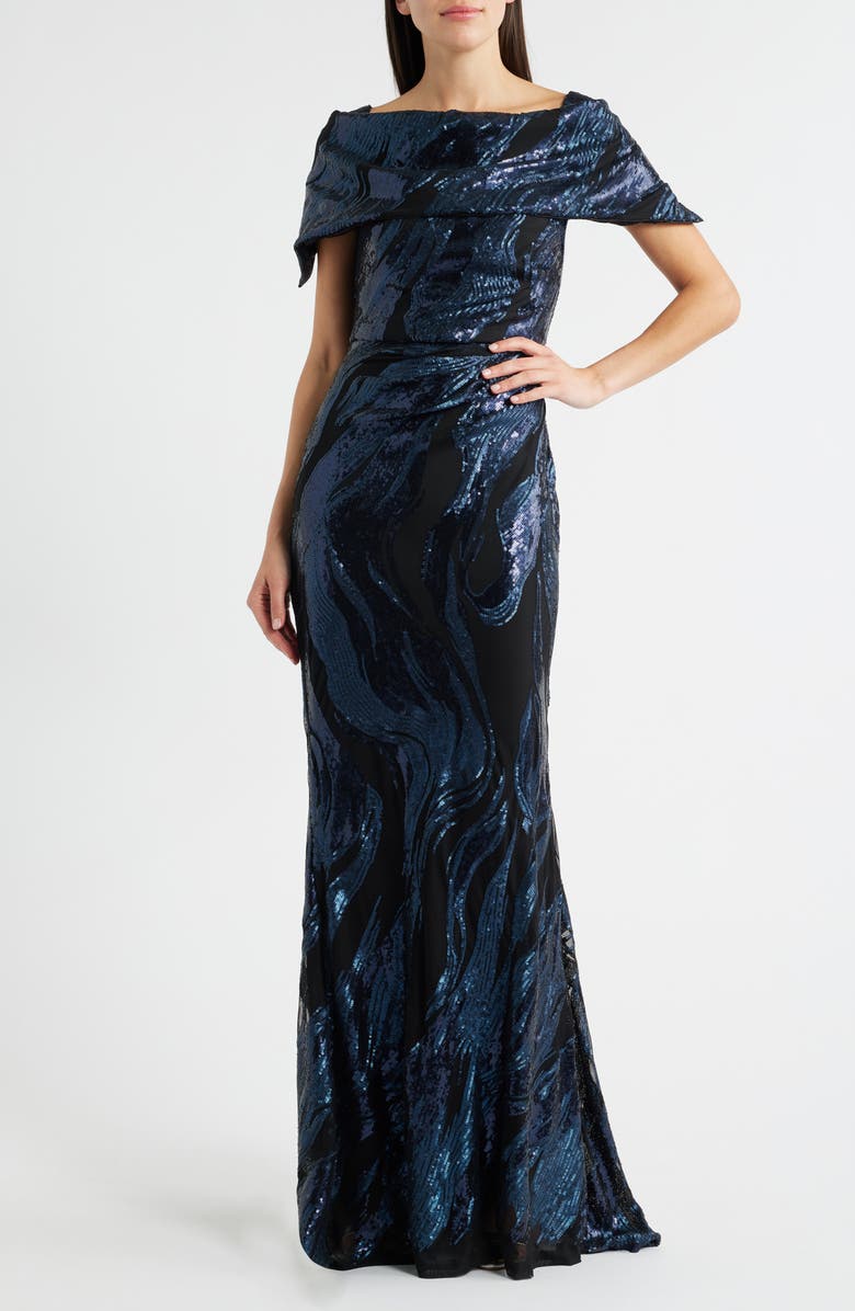Vince Camuto Sequin Wave Off the Shoulder Gown, Main, color, Navy