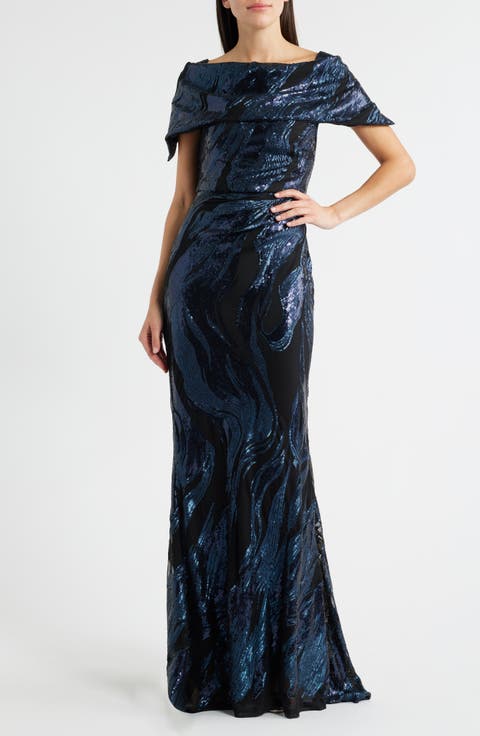 Sequin Wave Off the Shoulder Gown