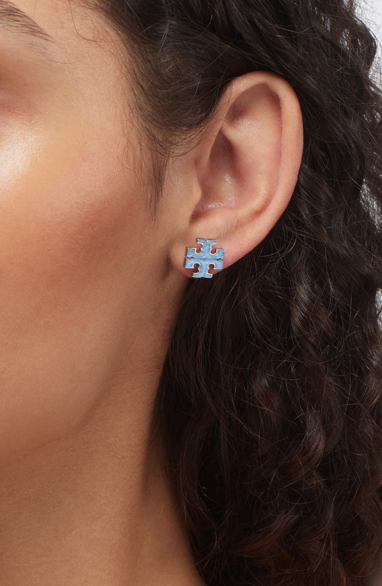 Tory Burch Moondance Mother of Pearl Stud Earrings, Alternate, color, Tory Silver / Blue