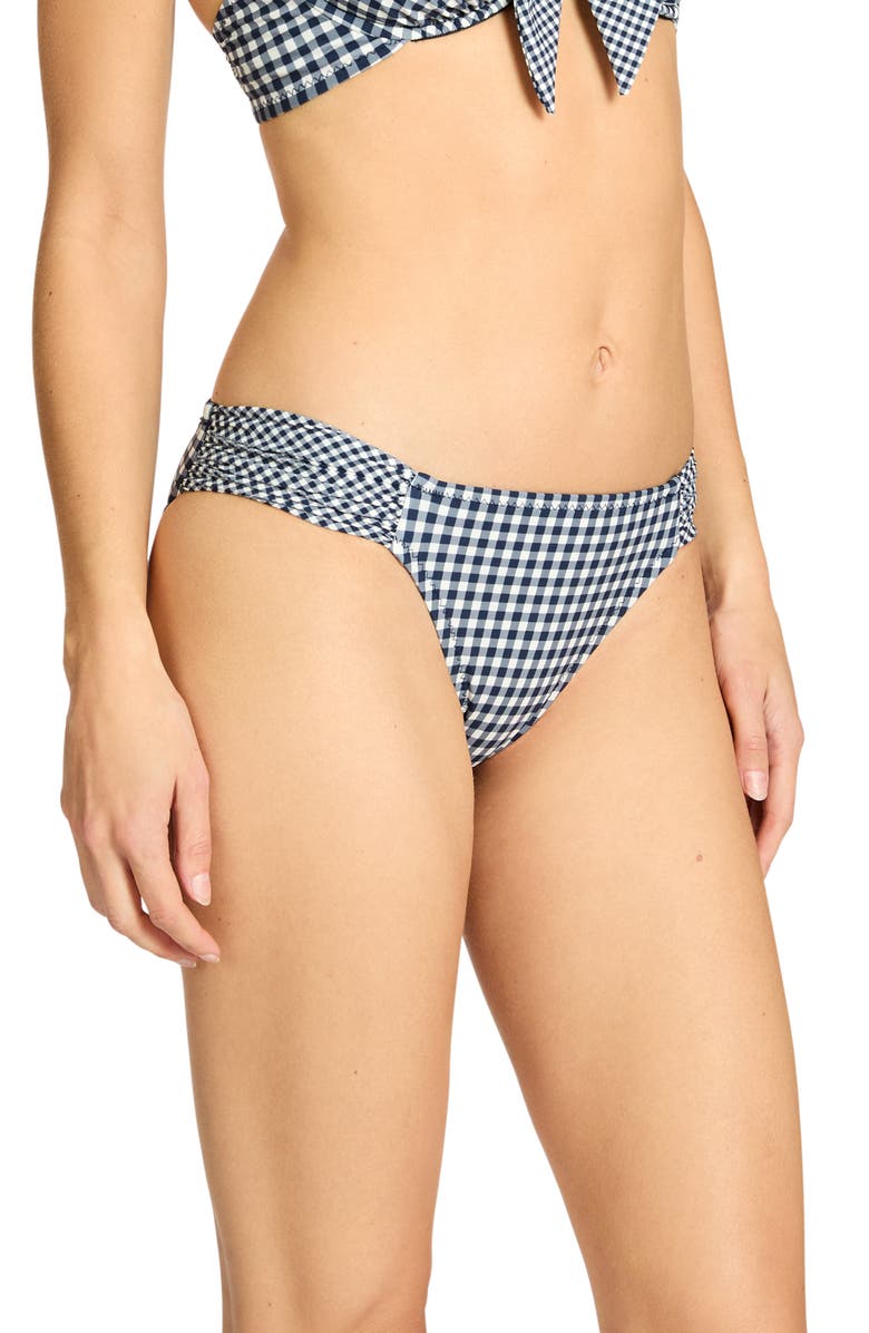 Robin Piccone Brigitte Tab Side Hipster Bikini Bottoms, Alternate, color, Navy/ Cream