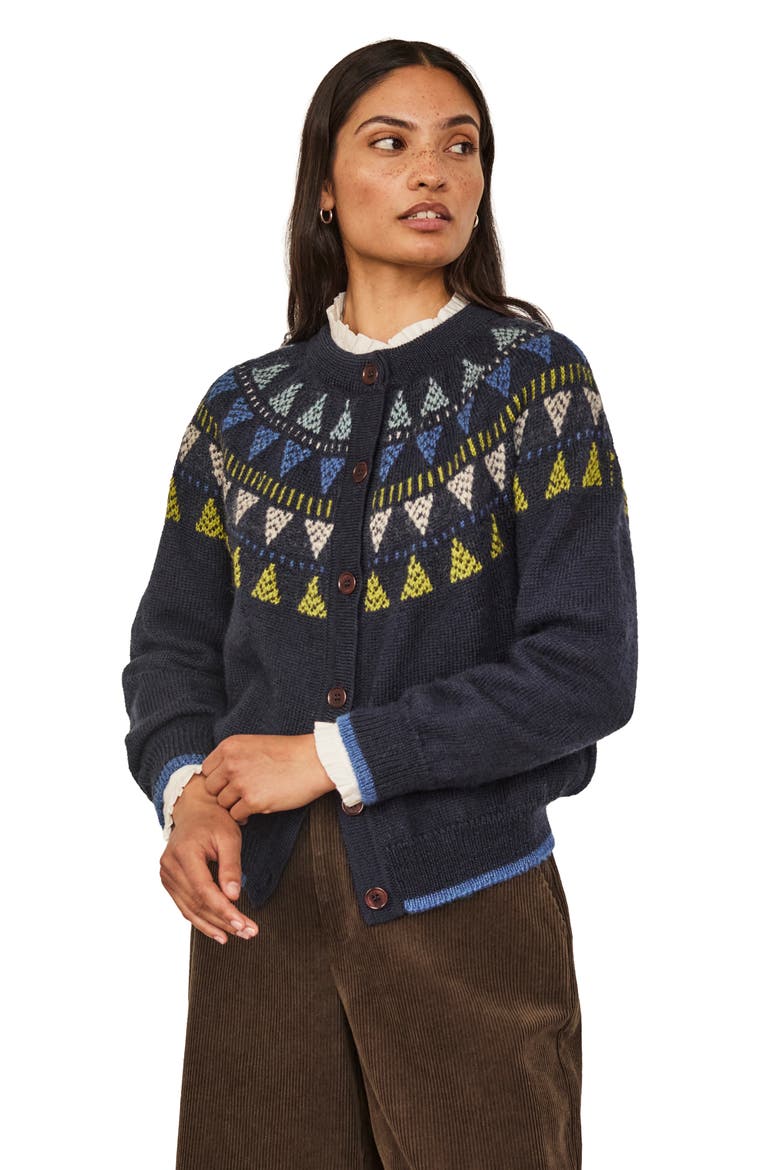 British Wool Geo Fair Isle Yoke Cardigan, Alternate, color, Navy