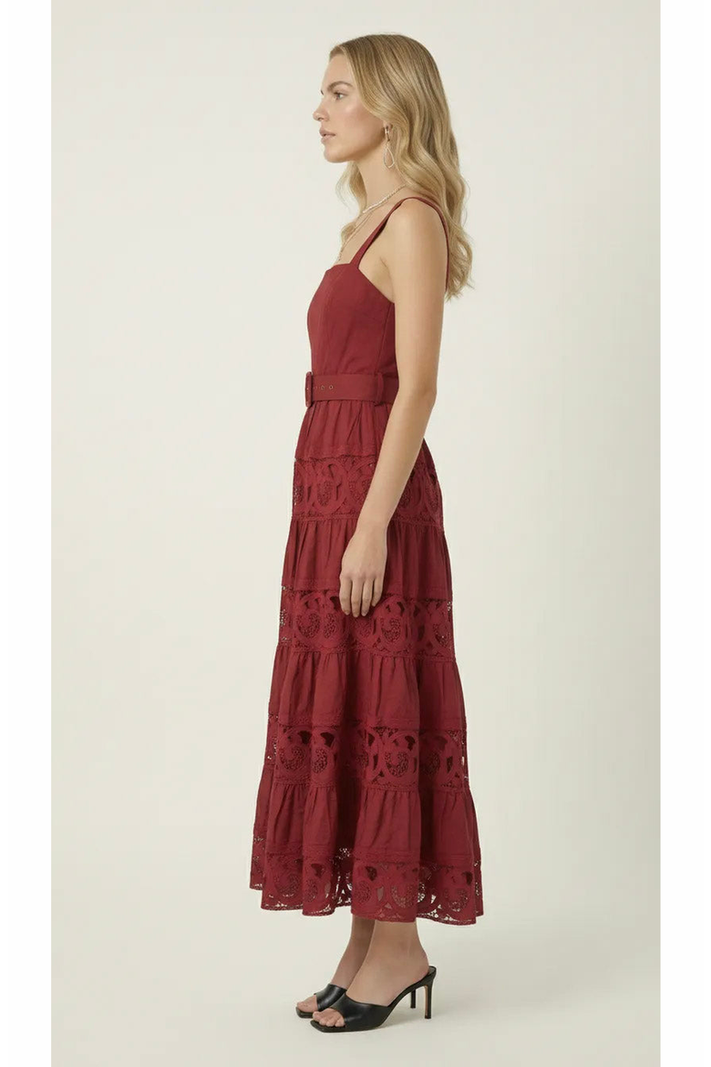 Belted Tiered Lace Midi Dress, Alternate, color, Burgundy