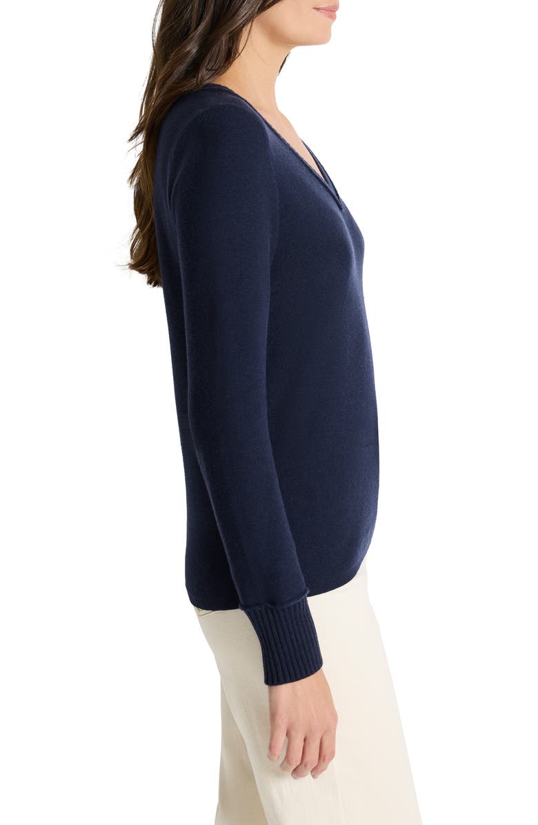 NIC+ZOE Garter V-Neck Cotton Blend Sweater, Alternate, color, Dark Indigo