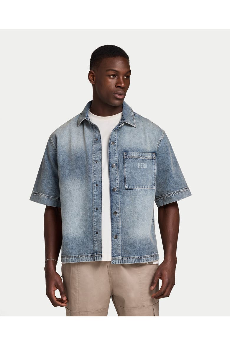 Denim Short Sleeve Oversized Shirt, Main, color, Mid Wash