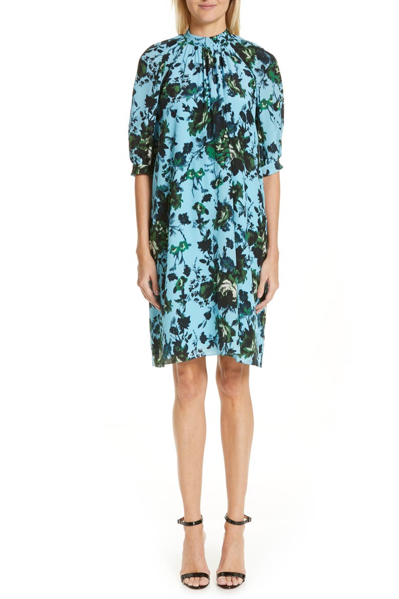 Belted Floral Print Silk Voile Dress, Alternate, color, BLUE/ GREEN