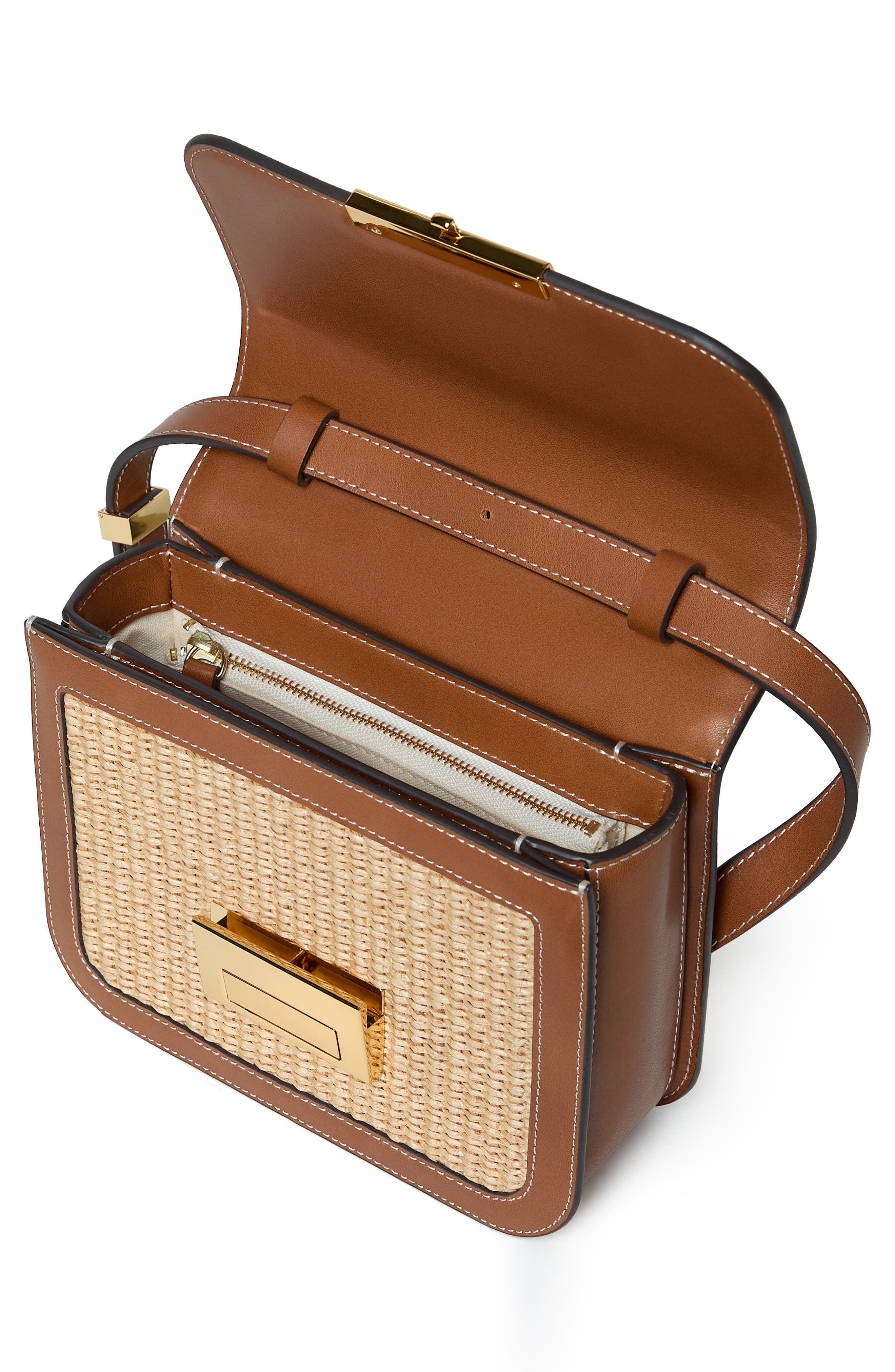 Loeffler Randall Desi Woven Raffia & Leather Shoulder Bag, Alternate, color, Natural/ Cacao