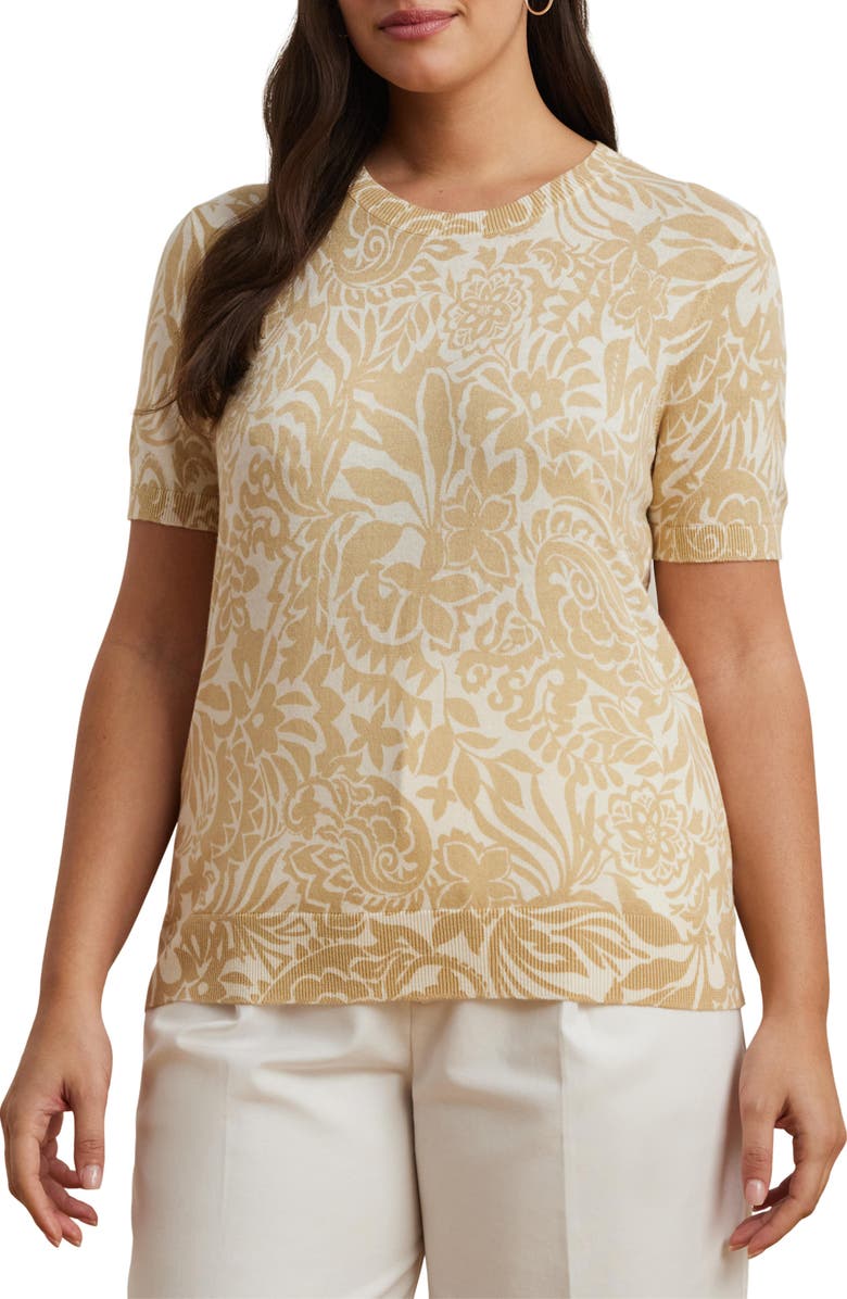 Lauren Ralph Lauren Floral Short Sleeve Cotton Blend Sweater, Main, color, Cream Multi