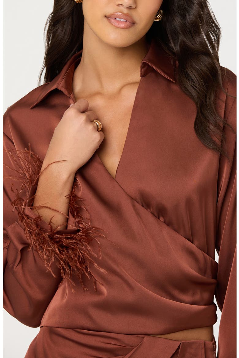 Catrina Feather Accent Surplice Satin Top, Alternate, color, RUST BROWN
