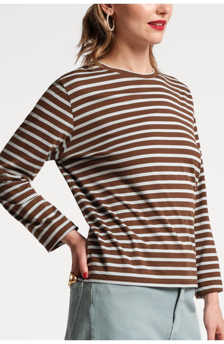 Frances Valentine Long Sleeve Striped Tee Shirt Stripe 100% Pima Cotton, Alternate, color, Chocolate/Light Blue