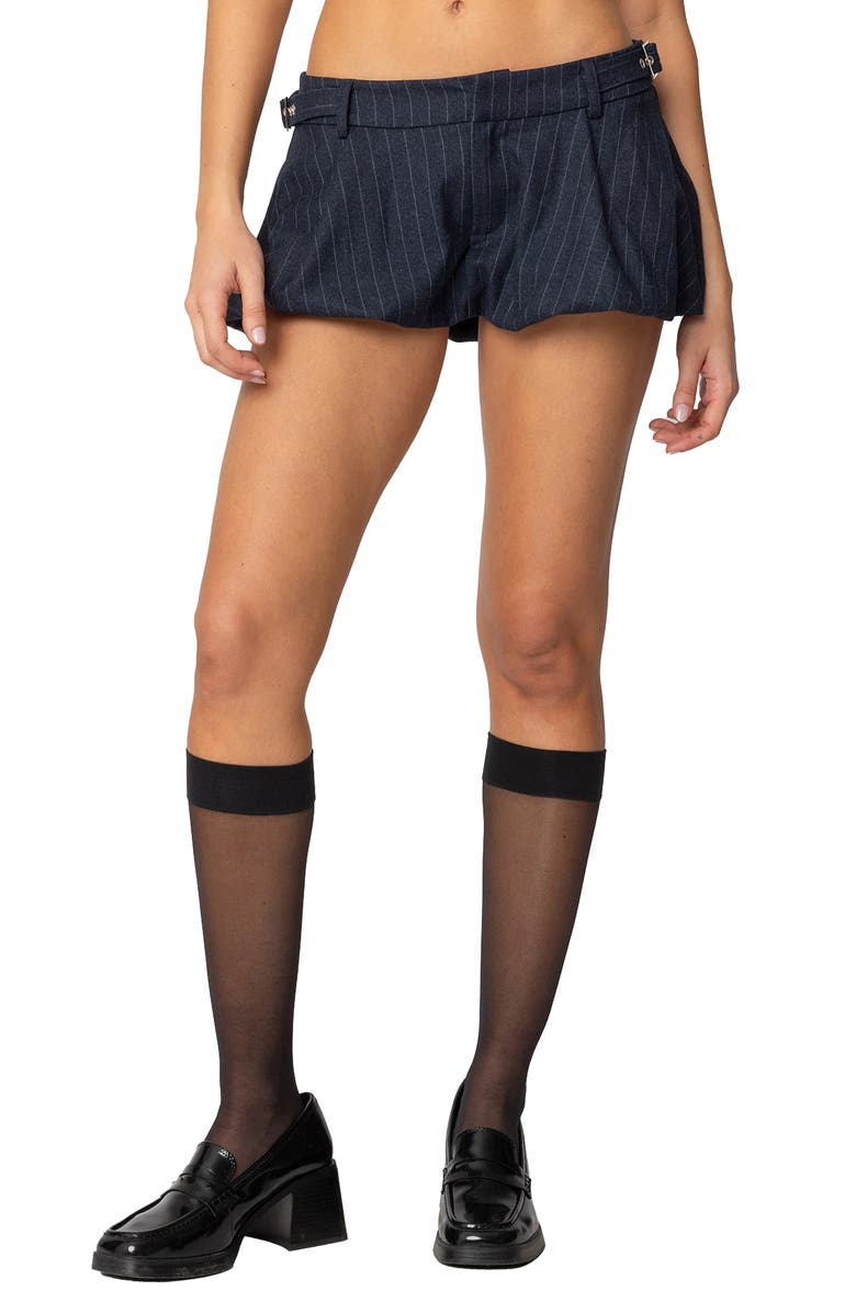 EDIKTED Buckled Pinstripe Bubble Shorts, Main, color, Navy
