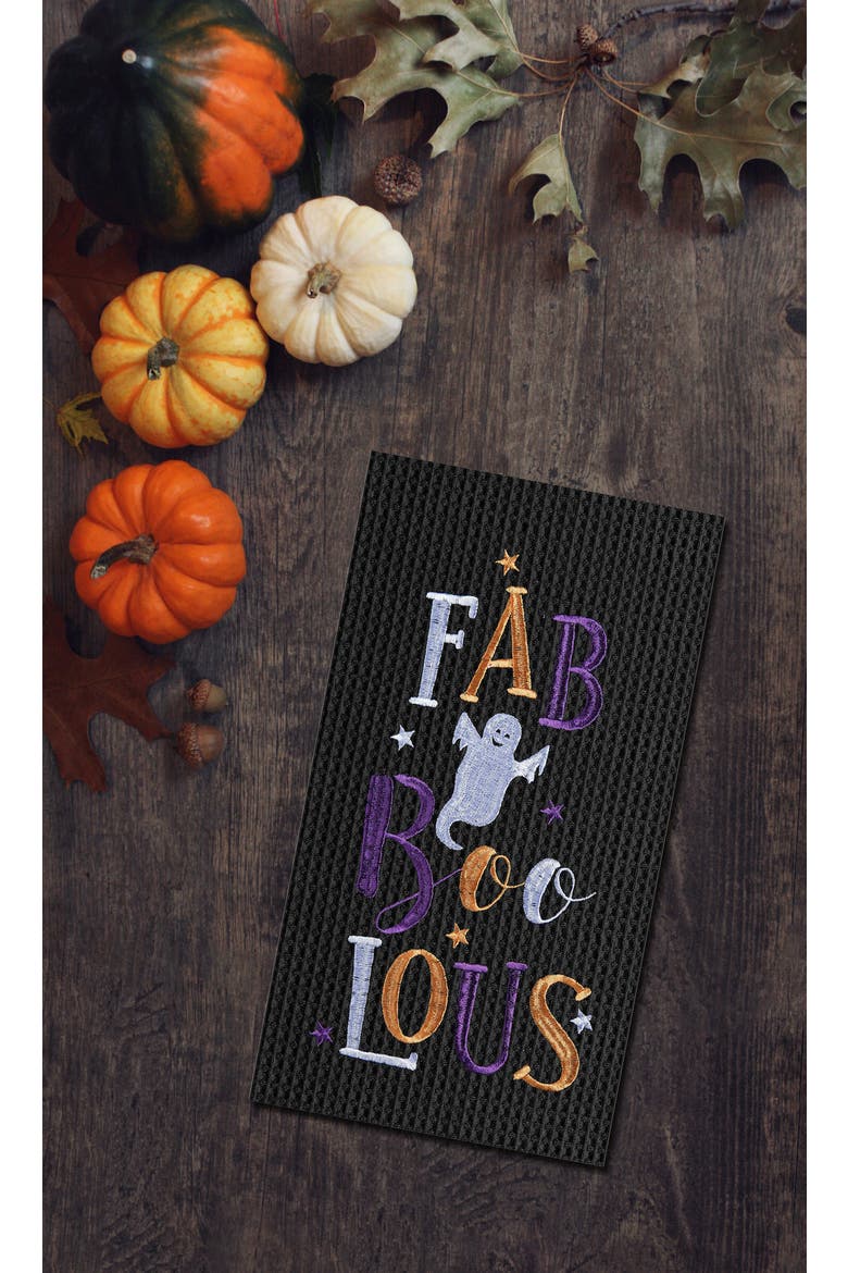 FAB-Boo-Lous Ghost Embroidered Cotton Halloween Waffle Weave Kitchen Towel, Alternate, color, Purple