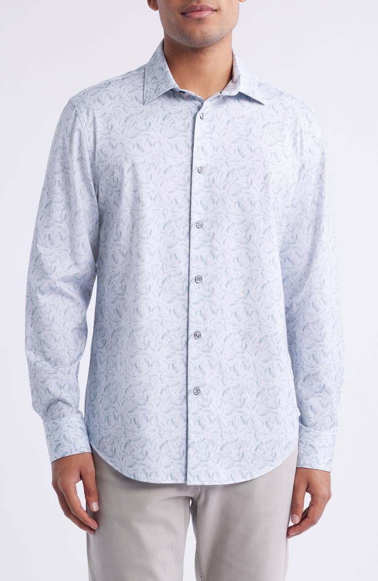 Bugatchi James OoohCotton<sup>®</sup> Feather Print Button-Up Shirt, Main, color, Mint