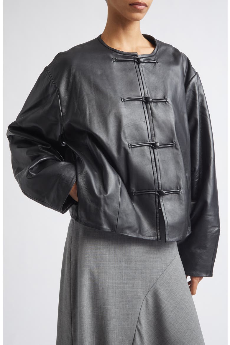 Button Detail Leather Jacket, Alternate, color, BLACK