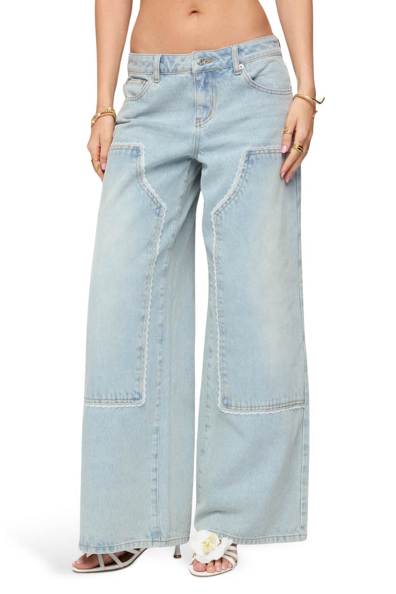 Teela Lace Panel Low Rise Wide Leg Utility Jeans, Main, color, LIGHT-BLUE