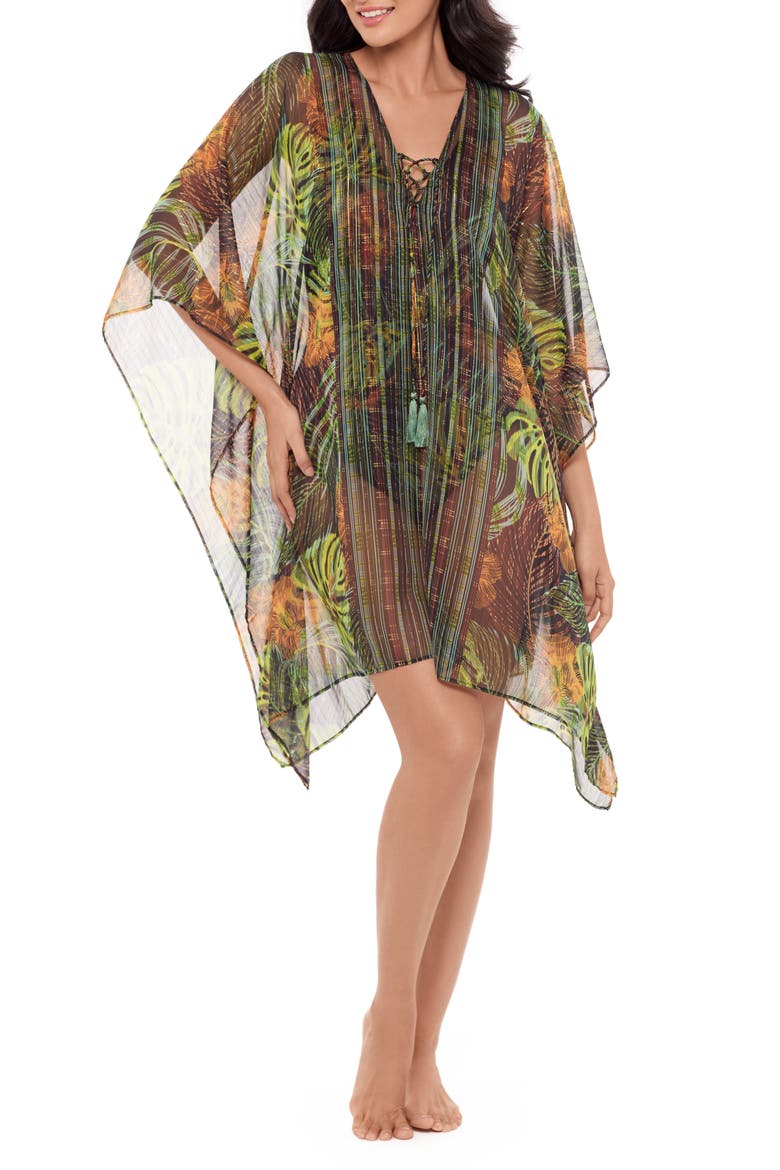Sunset Islet Metallic Chiffon Cover-Up Caftan, Main, color, BLACK/ MULTI