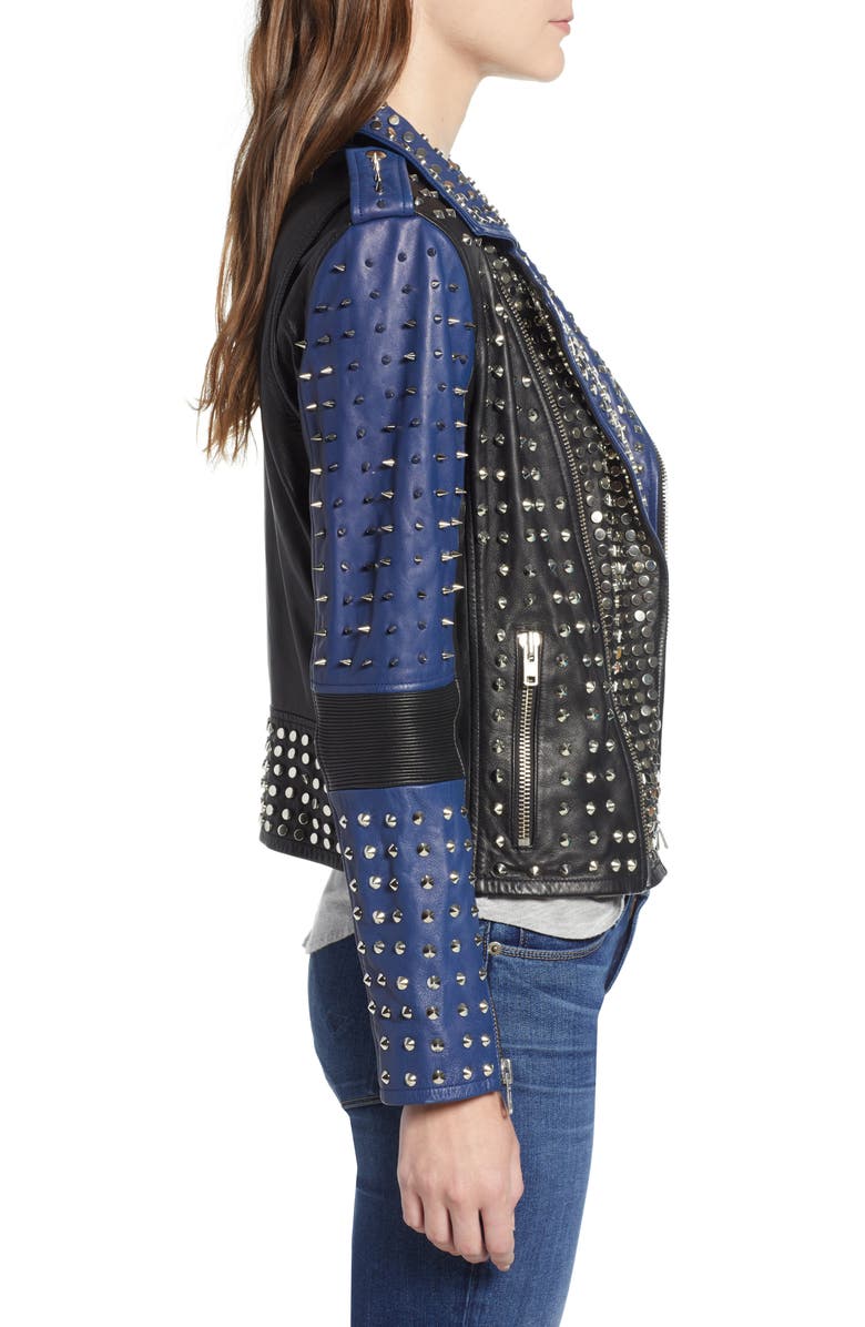 Hudson Jeans Colorblock Studded Lambskin Leather Biker Jacket, Alternate, color,