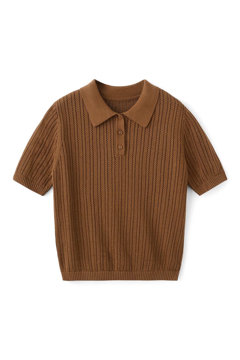 Open Stitch Cotton Polo Sweater, Alternate, color, CARAMEL