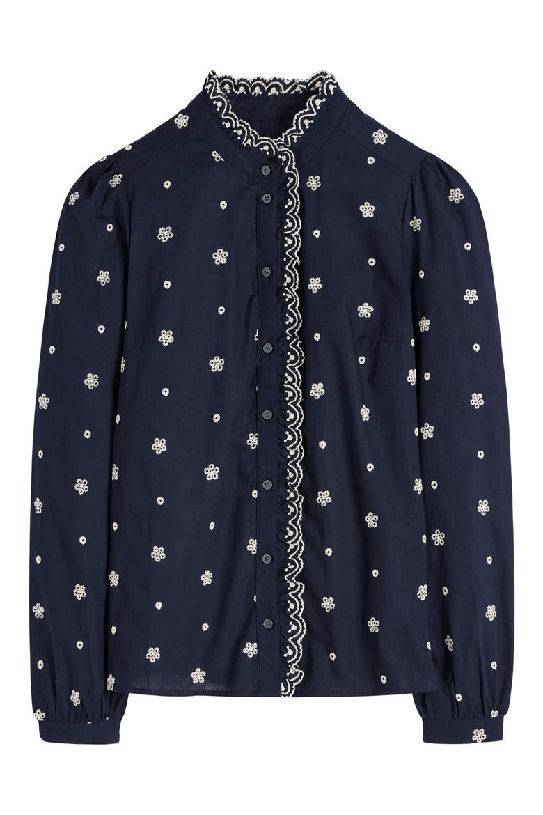 Helena Floral Embroidered Cotton Button-Up Shirt, Main, color, NAVY BRODERIE