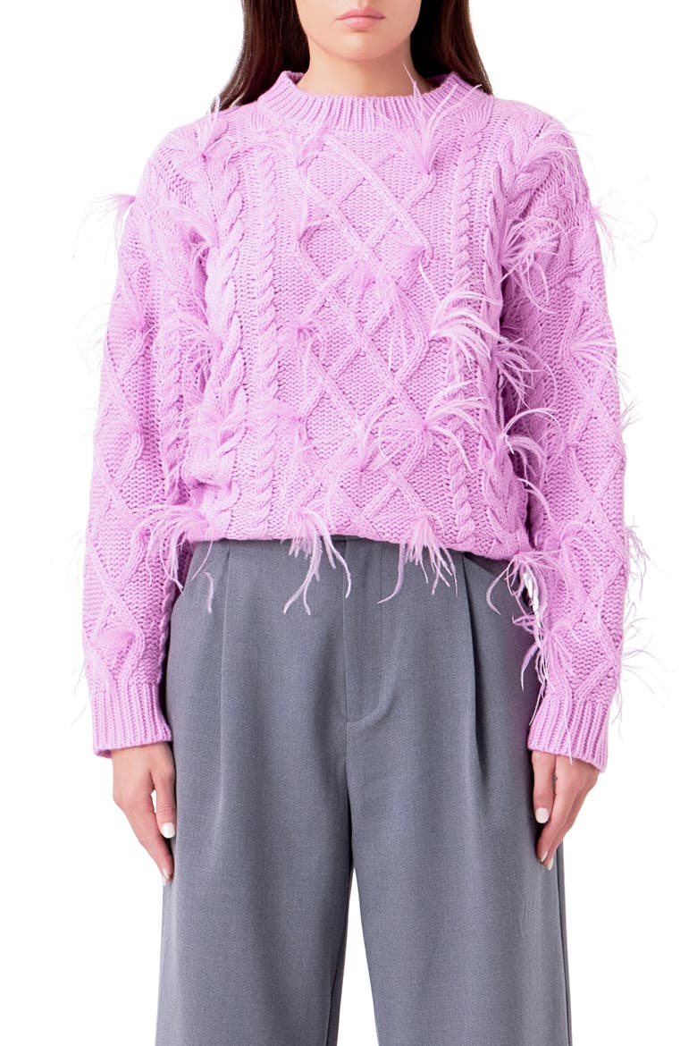 Feather Trim Cable Knit Sweater, Main, color, LILAC