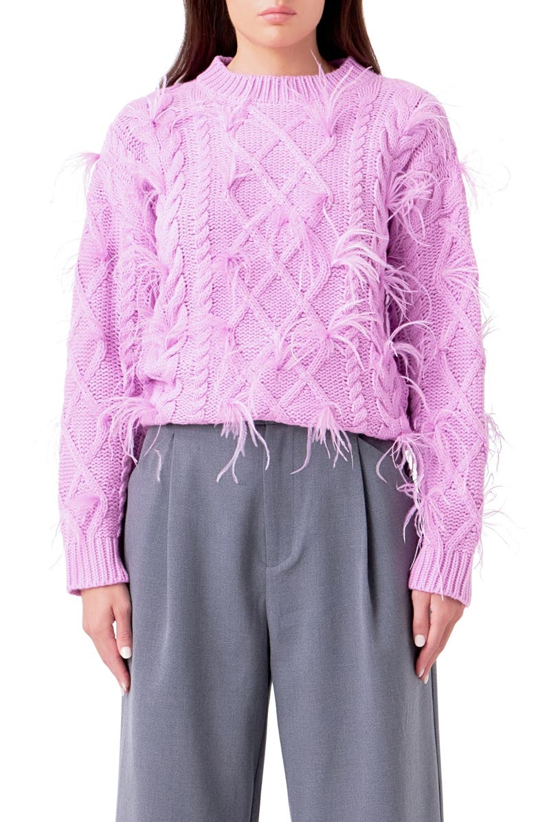 Endless Rose Feather Trim Cable Knit Sweater, Main, color, Lilac