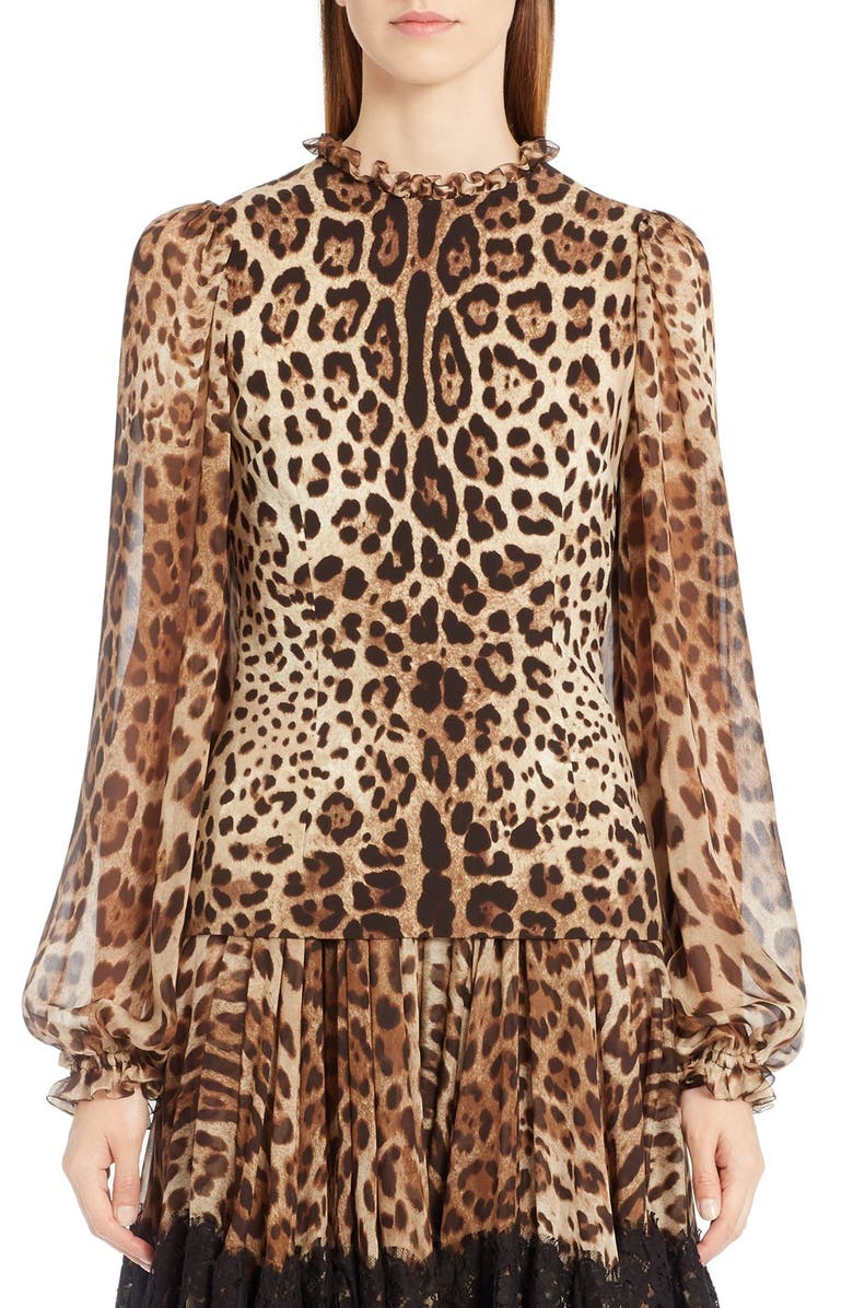 Dolce&Gabbana Leopard Print Stretch Cady Blouse, Main, color, 