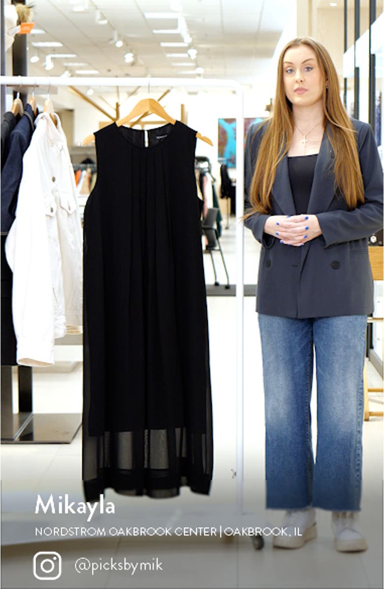 Pleated Jewel Neck Silk Midi Shift Dress, sales video thumbnail