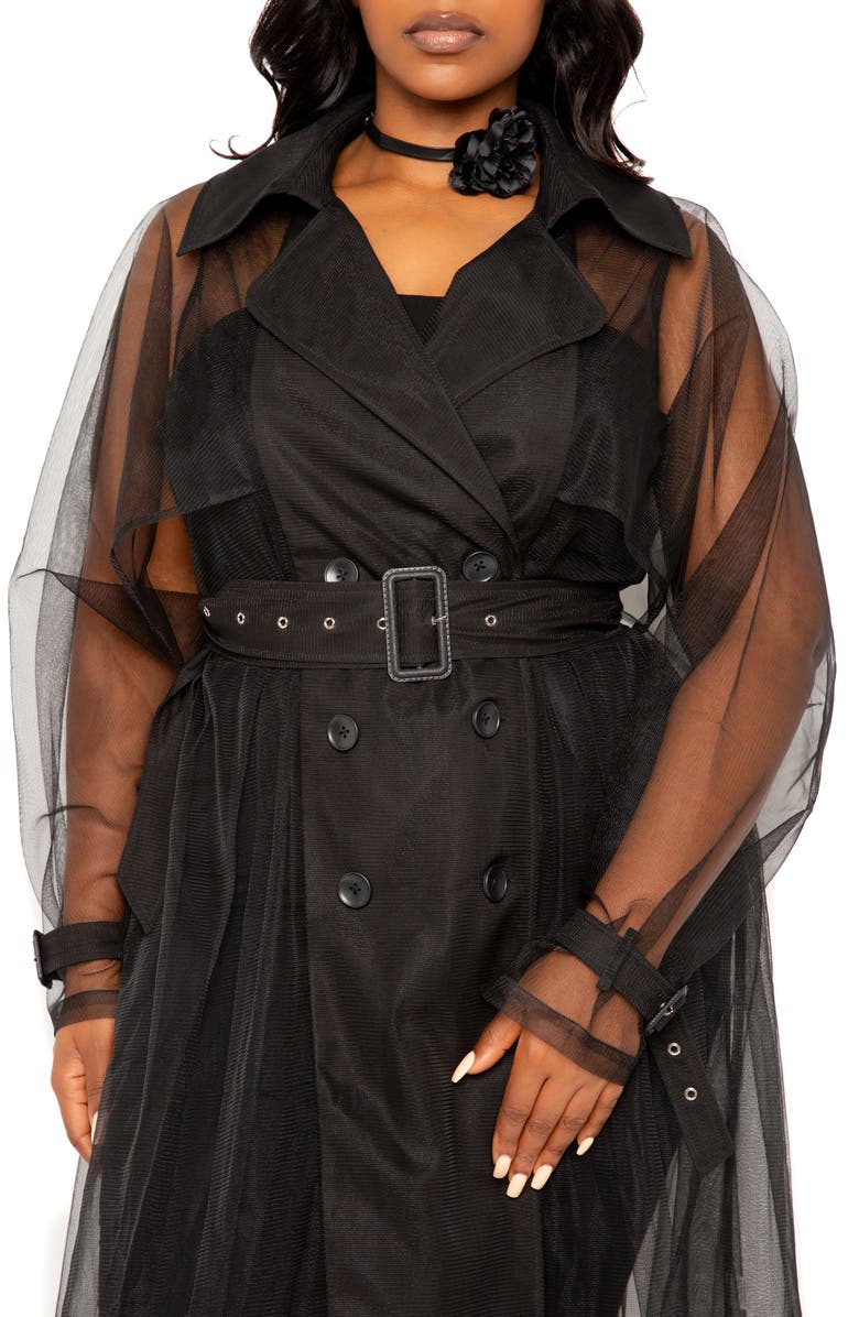 BUXOM COUTURE Belted Sheer Tulle Trench Coat, Alternate, color, Black