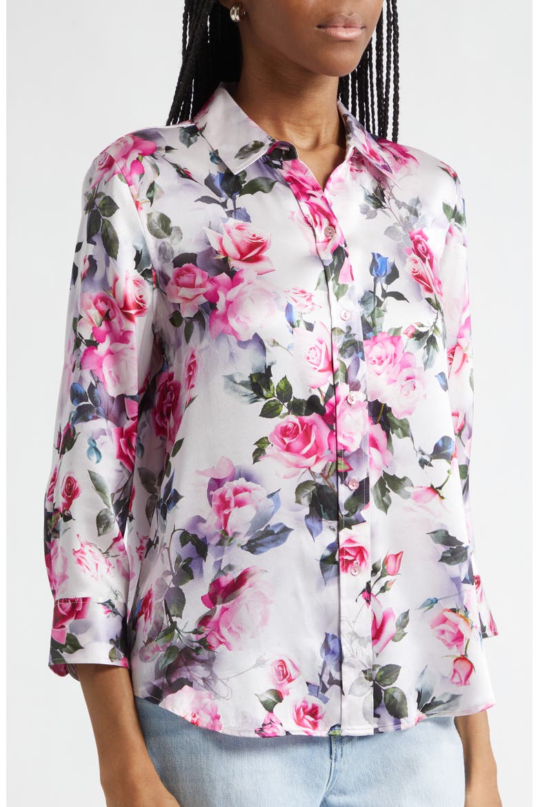 Dani Floral Print Three-Quarter Sleeve Silk Button-Up Shirt, Alternate, color, PINK MULTI WATER ROSE